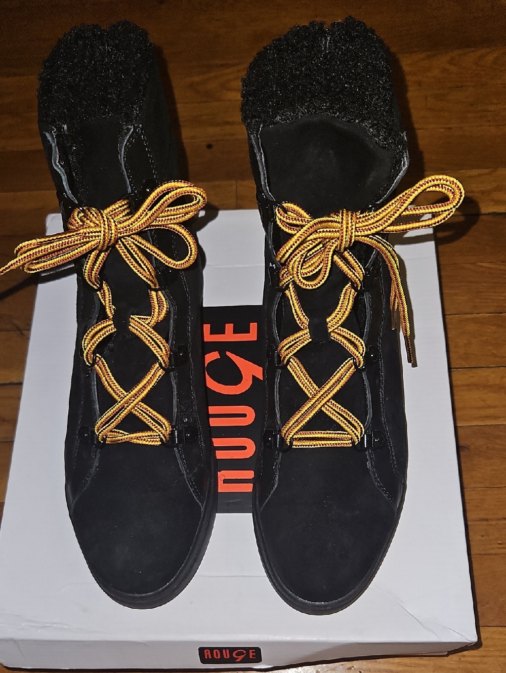 Rouge Helium Black Suede Ankle Boots with Yellow-Gold Laces